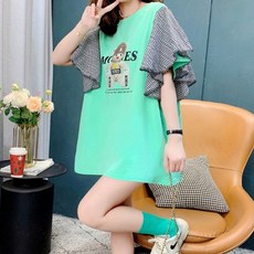 메이첼 여성용 통기성 베어 배색 소매체크 프릴 루즈핏 티셔츠 00856