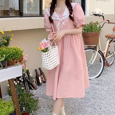 MEICHEL 蕾絲蝴蝶結水手領泡泡袖連身裙 00745 含大尺碼