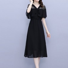 아뗄릭 리본브이넥 시스루 프릴숄더 플레어 쉬폰 미디 원피스 00873 빅사이즈 포함