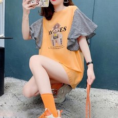 메이첼 여성용 통기성 베어 배색 소매체크 프릴 루즈핏 티셔츠 00856