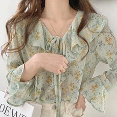 PAPERMENTS 花朵印花絲帶長袖雪紡長袖襯衫