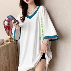 메이첼 여성용 통기성 배색라인 빈티지 루즈핏 티셔츠 00873