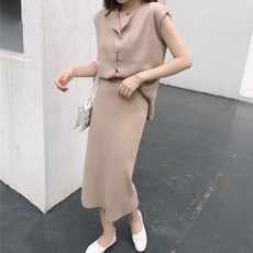 Paperments 夏季無領開襟衫後開衩H字裙兩件式套裝 02020