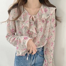 PAPERMENTS 花朵印花絲帶長袖雪紡長袖襯衫