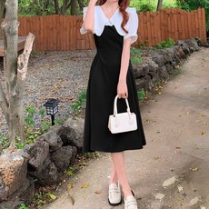 PAPERMENTS 荷葉領片收腰素色短袖連身裙, 黑色