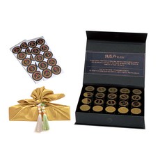 LOVELY FARM 金錢診斷 韓藥零用錢盒 20格 + 包袱巾 + 流蘇裝飾 2入 + 說明書 + 圓形貼紙 全套組, 黃金色(包袱巾), 隨機出貨(流蘇裝飾), 1套