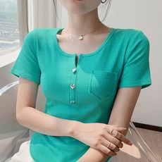 비비에모 여성용 하트클립 포켓 라운드 반팔 니트 티셔츠 01387