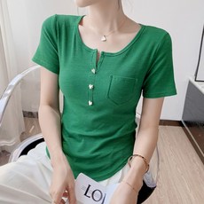 비비에모 여성용 하트클립 포켓 라운드 반팔 니트 티셔츠 01387