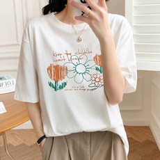 메이첼 여성용 통기성 꽃동산 반팔 라운드 순면 티셔츠 00972
