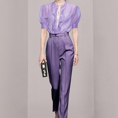 ViVEMO 紫色漸層透視襯衫修身褲兩件式套裝 01295