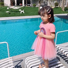 OrangeDaMom 女童彩虹短袖下擺網紗洋裝