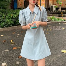 PAPERMENTS 女款素色泡泡袖拉鏈連身裙, 藍色