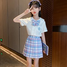 女童星星皇冠刺繡蝴蝶領帶圓領襯衫+格紋百褶裙套裝