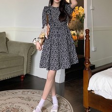 PAPERMENTS 女款圓點印花公主袖夏季A字連身裙 02117, 黑色