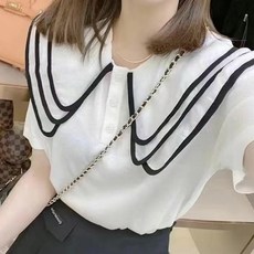 MeiChel 女款3層領條紋短袖T恤