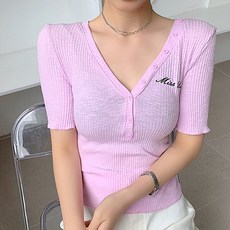 비비에모 여성용 딥브이넥 단추포인트 슬림핏 티셔츠 01253