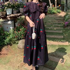 메이첼 빅사이즈 통기성 체리 콕콕 프릴 카라 롱 원피스 01088