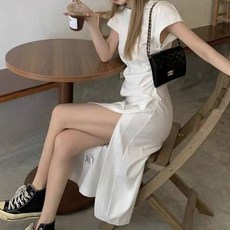 메이첼 통기성 셔링 슬림핏 트임 롱 티 원피스 01079