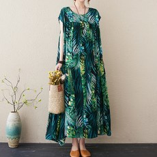 ATTERLIC 椰樹印花寬鬆A字長版連身裙 01001, 綠色