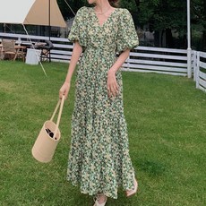 ATTERLIC 大尺碼印花泡泡袖連衣裙, 綠色