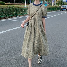 MEICHEL 綁帶寬鬆圓領中長版洋裝 01080, 格紋