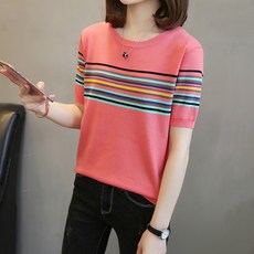 Paperments 女款彩虹條紋圓領短袖針織T恤 02175