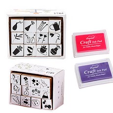 可愛圖案印章 B款 2種 12入+印台 2入, 1套, 隨機發貨