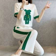 MEICHEL 女性可愛小熊T恤 + 線條長褲運動兩件式套裝 00653