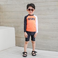 ROROCHAT 孩童拼色插肩文字印花長袖防曬泳衣+防水內搭短褲套裝