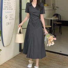 페이퍼먼츠 카라 사선 사이드 버튼 언발 플리츠 롱 원피스 02060 빅사이즈 포함