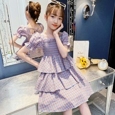 Orenjidamom 女童方領泡泡袖格紋康康連身裙