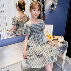 Orenjidamom 女童方領泡泡袖格紋蛋糕連身裙