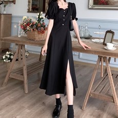 PAPERMENTS 大尺碼荷葉邊四角領口涼爽長版連身裙, 黑色