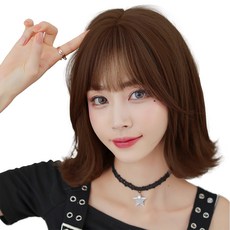 HiYuni 鮑伯髮C型捲燙短髮全頂假髮 33cm + 髮網 + 支架組, 深棕色, 1個