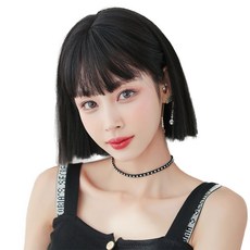 HiYuni 鮑伯頭直髮造型短髮全頂假髮 29cm + 髮網 + 支架套組, 自然黑(假髮), 1套