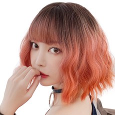 하이유니 옴브레 단발 S컬 펌 통가발 33cm + 가발망 + 거치대 세트, 코랄오렌지, 1개