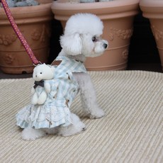 AMYLOVESPET 寵物格紋熊胸背帶連身裙, 藍色