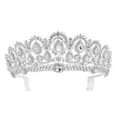 Lunaglam 高級水晶自助婚紗皇冠髮梳 WC931, 銀色白色, 1個