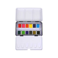 水彩畫固體水彩 12 折疊式黑色鐵盒, 12 種顏色
