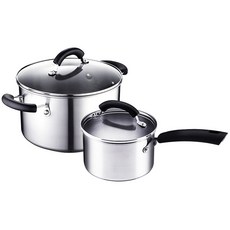 Meyer 韓國感應百年不銹鋼簡易鍋套裝 2 件, 單柄湯鍋16cm(附玻璃鍋蓋)+雙耳湯鍋24cm(附玻璃鍋蓋), 單色