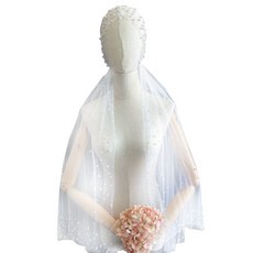 自助婚紗 串珠造型頭紗, 白色, 1個
