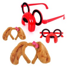 PARTYSHOW 派對髮箍+老皮派對眼鏡, 2組, 頭飾(棕色)+眼鏡(紅色)