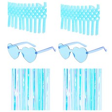 PARTYSHOW 派對流蘇窗簾 2入 + 蜂巢拉花 2入 + 透明愛心眼鏡 2入 套組, 1套, 極光藍(窗簾), 藍色(眼鏡), 淺藍色(拉花)