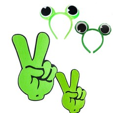 PARTYSHOW 應援V字手指手套 大型 + 小型 + 高級青蛙髮箍 2件組, 1套, 綠色(手套, 髮箍), 萊姆綠(髮箍)