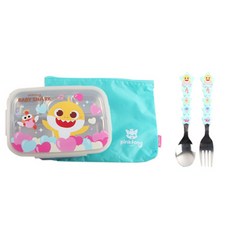 aizoum 鯊魚寶寶圖案餐盒+餐袋+湯匙+叉子組, 混色, 便當盒+便當袋+星星款湯匙+星星款叉子