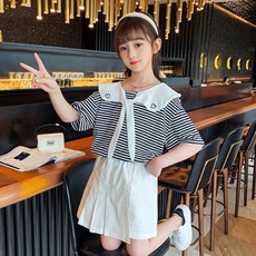 Orenjidamom 女童愛心領條紋T恤褲裙套裝