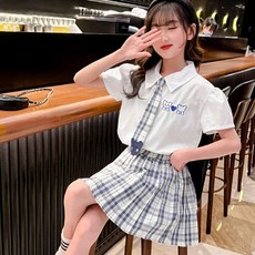 Orenjidamom 女童愛心小熊格紋領帶裙套裝