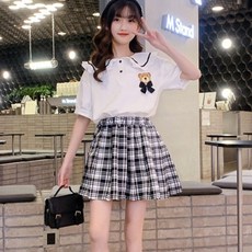 Orenjidamom 女童小熊蝴蝶結鈕扣T恤格紋裙套裝