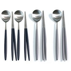 LIVING HAPPY 素色筷子 4雙+素色湯匙 4入, 藍色, 灰色, 勺子 4p + 筷子 4p
