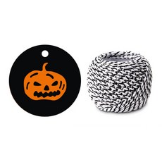indi.k 萬聖節黑色南瓜圓形吊牌 100入 + 黑白雙色棉繩 18公尺, 1套, 混合顏色